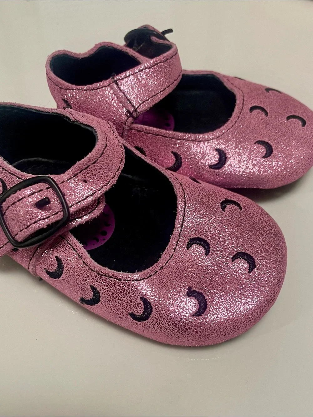 Pink Glittery Mary Jane Baby Shoes with Half Moons (size 2)